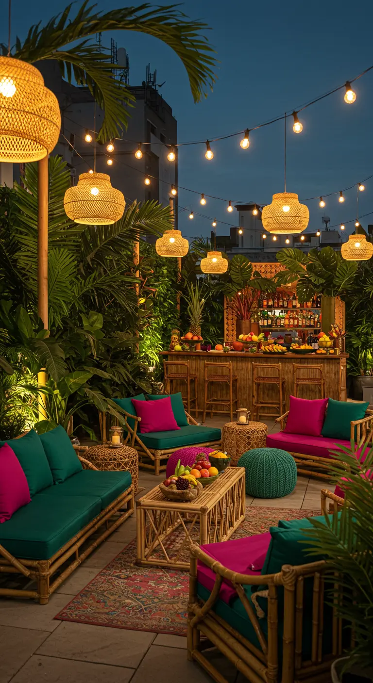 Rooftop tropical avec bar en bambou, plantes luxuriantes, lampions tressés et coussins roses et verts.
