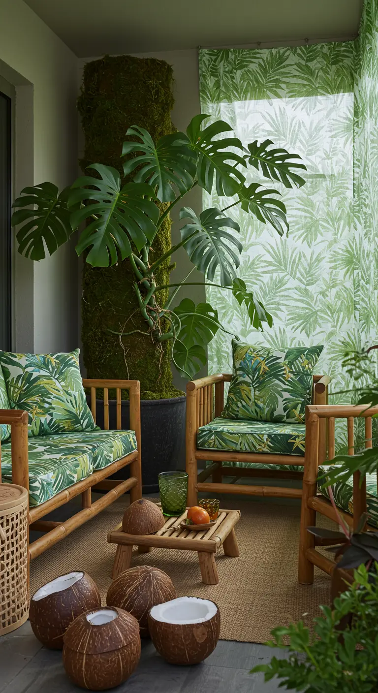 Balcon de style tropical avec du mobilier en bambou et un grand Monstera.