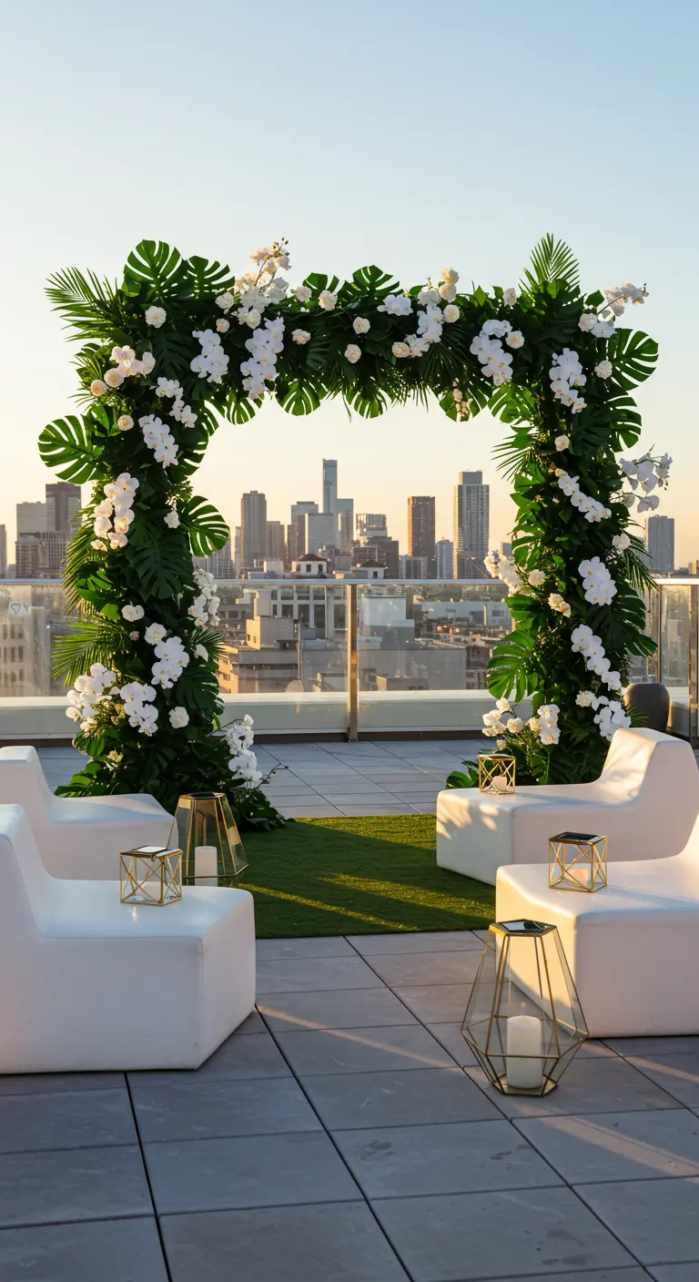Arche de feuilles de Monstera et d'orchidées sur un rooftop avec vue sur la ville.