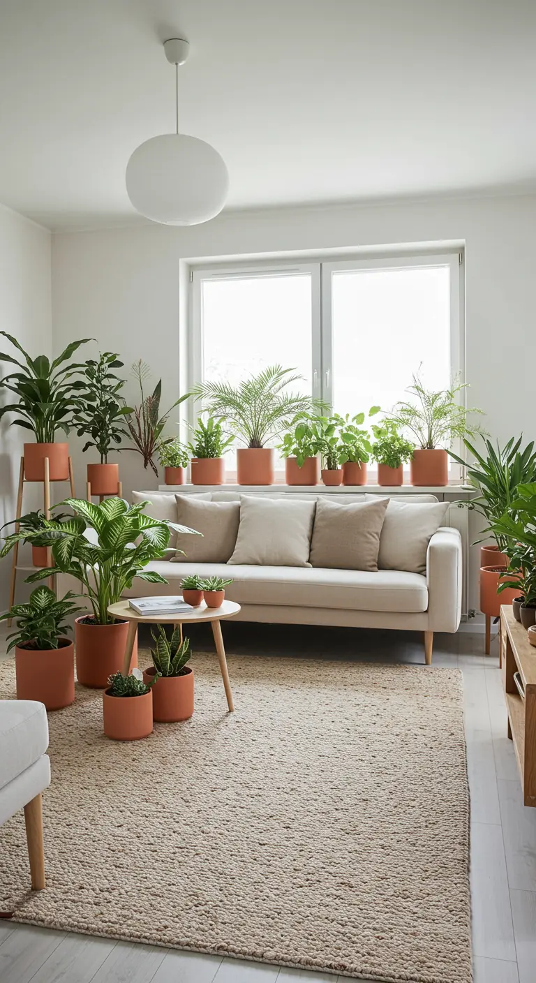 Salon rempli de plantes vertes en pots, avec un canapé beige sur un tapis en jute.