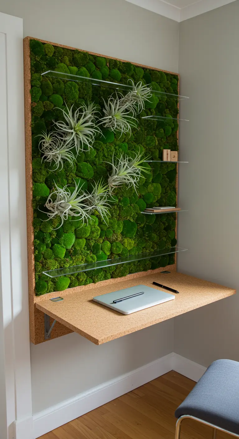 Bureau mural en liège avec un grand panneau de mur végétal en mousse en arrière-plan.