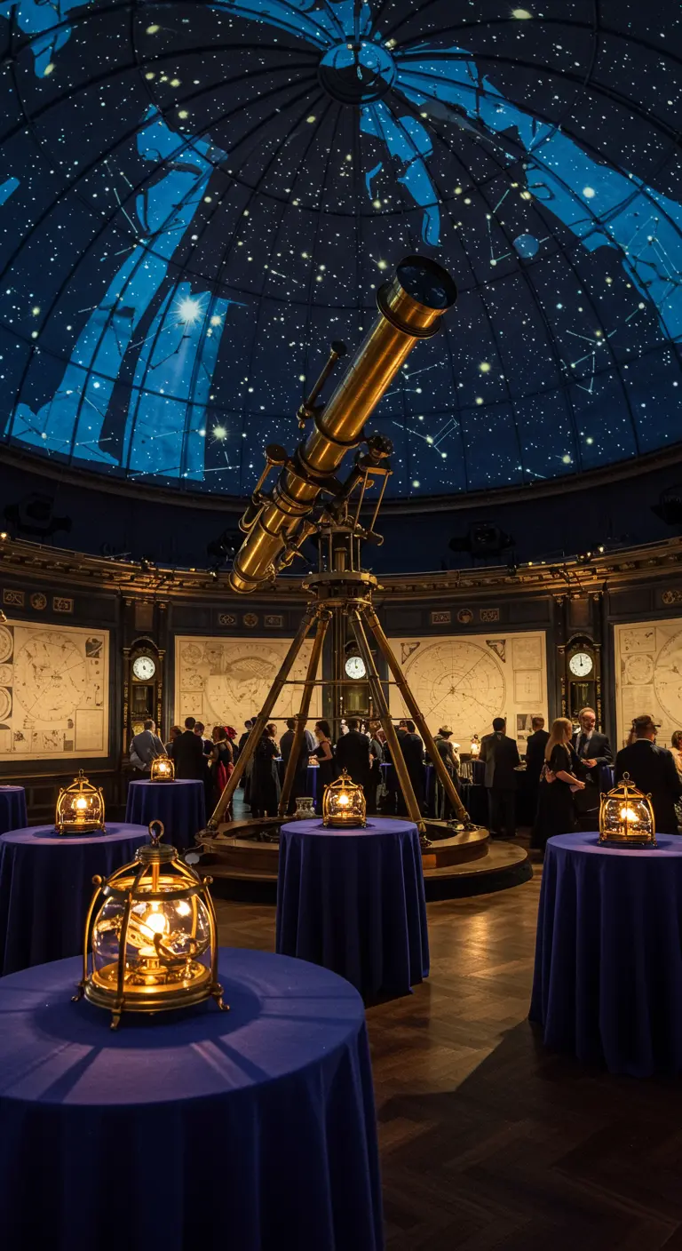 Salle d'observatoire Steampunk avec dôme étoilé, télescope géant et tables rondes éclairées par des lanternes.