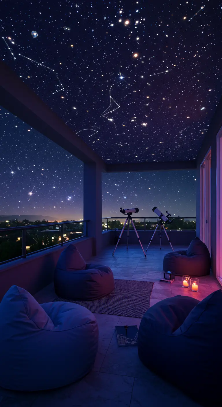 Balcon aménagé en observatoire avec télescopes, poufs confortables et un plafond étoilé.