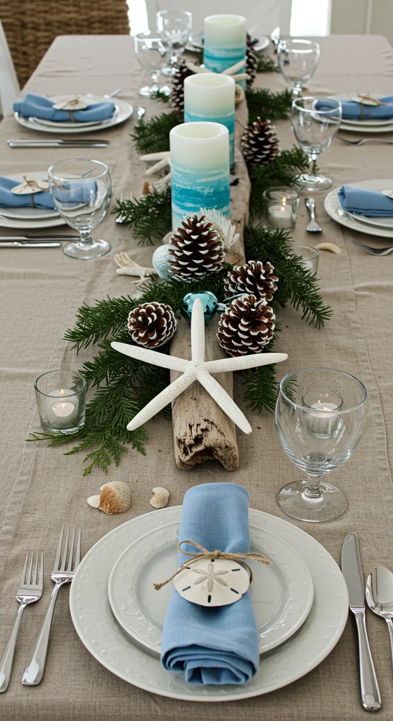 Table de fête hivernale avec branches de pin, pommes de pin, étoile de mer et bougies bleues.