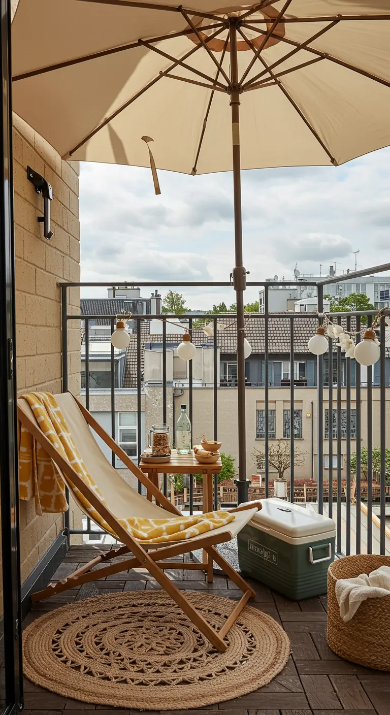Chaise longue en bois sous un parasol sur un balcon avec un tapis en jute.