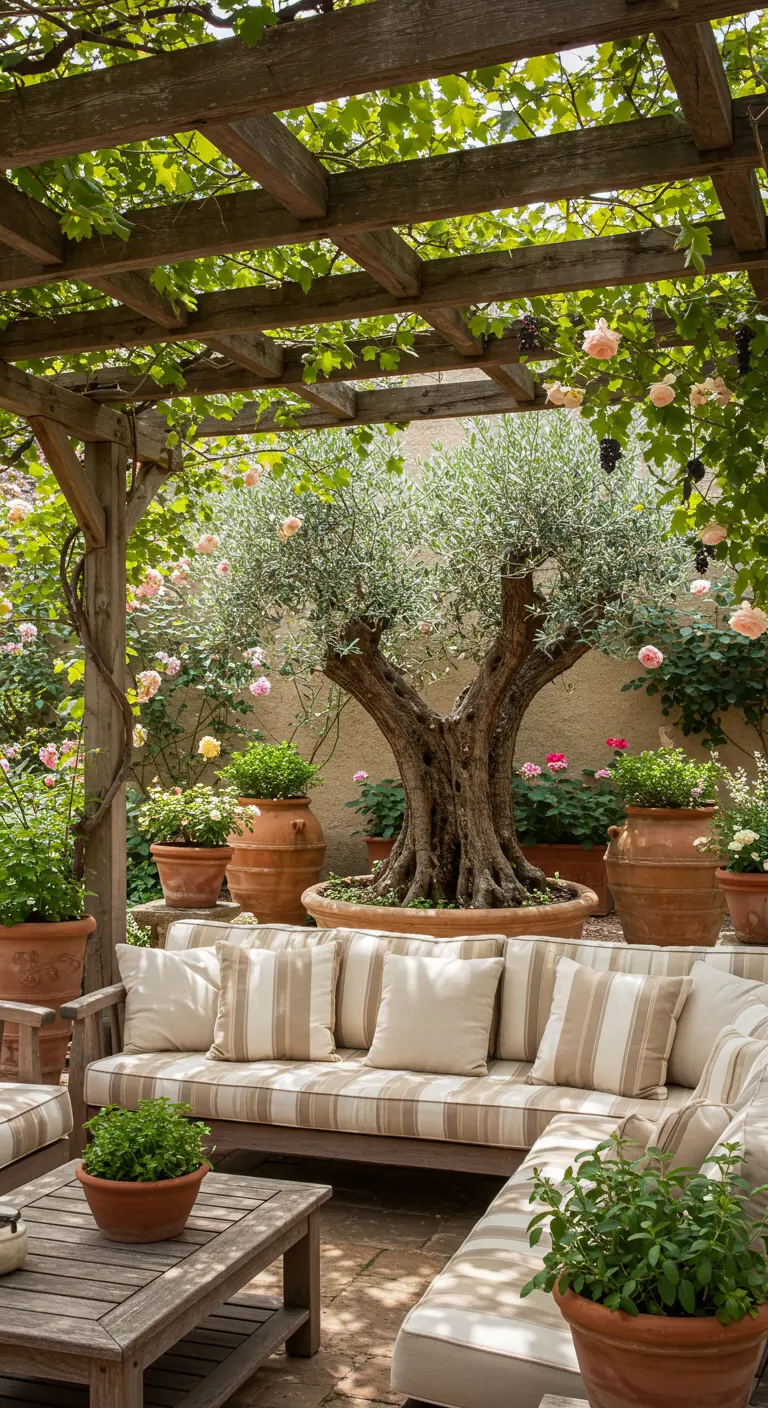 Canapé d'extérieur sous une pergola couverte de vigne et de rosiers.