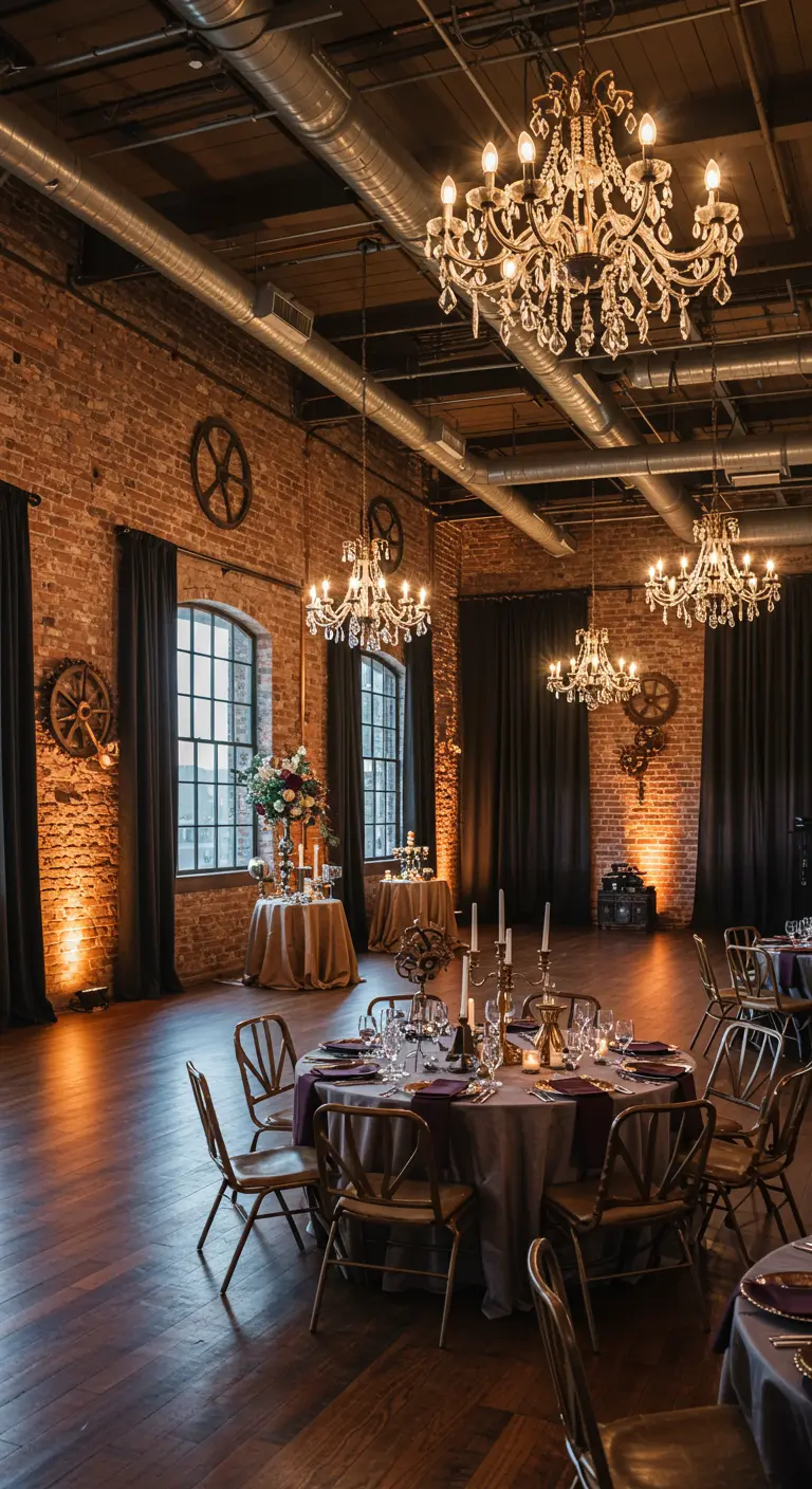 Loft industriel avec murs de briques, décoré de lustres en cristal pour un événement.