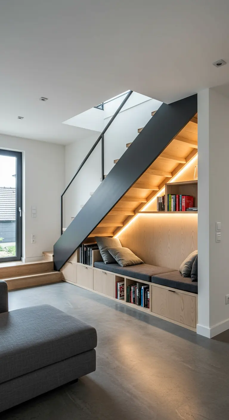 Banquette de lecture sur mesure intégrée sous un escalier en bois et métal.