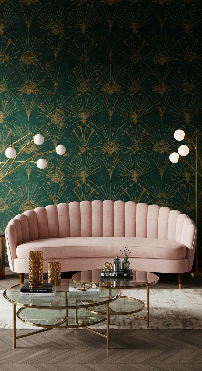 Salon luxueux avec un papier peint Art Déco vert et or et un canapé rose en velours.