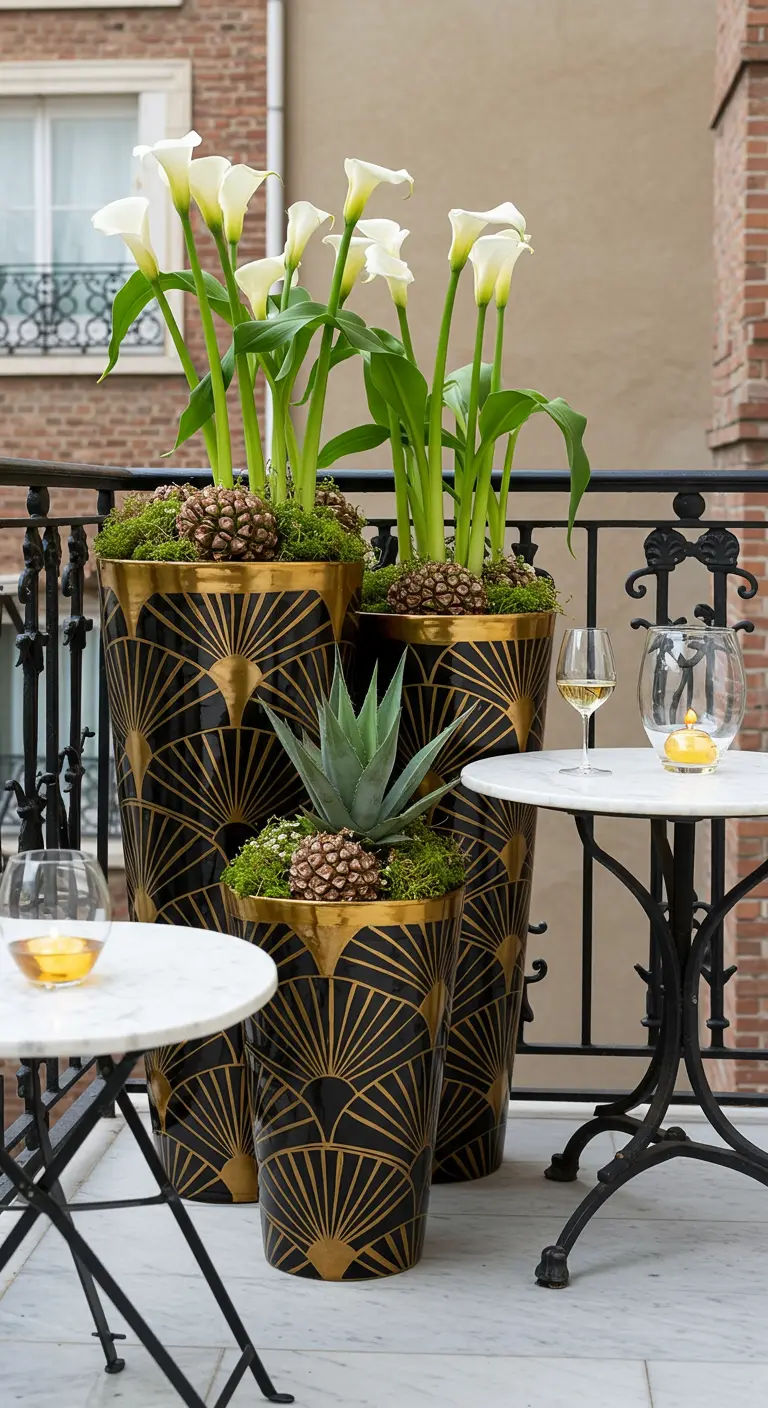 Pots noirs hauts avec des motifs Art Déco dorés sur un balcon parisien.