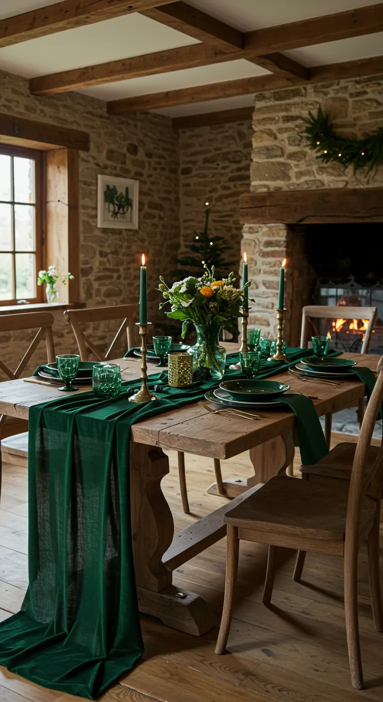 Table rustique en bois, chemin de table velours vert, vaisselle verte, chandeliers dorés.