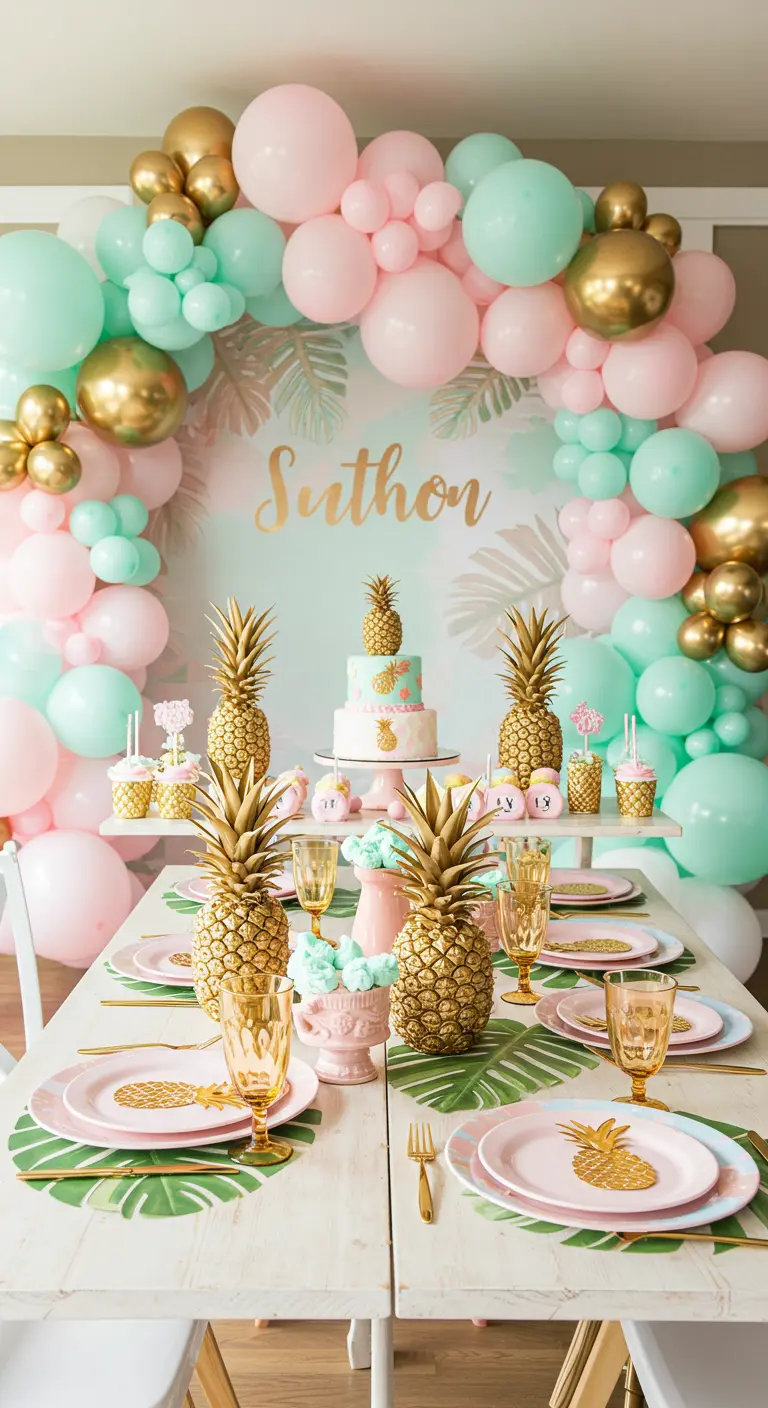 Table de fête avec ananas dorés, vaisselle rose et ballons pastel et or.