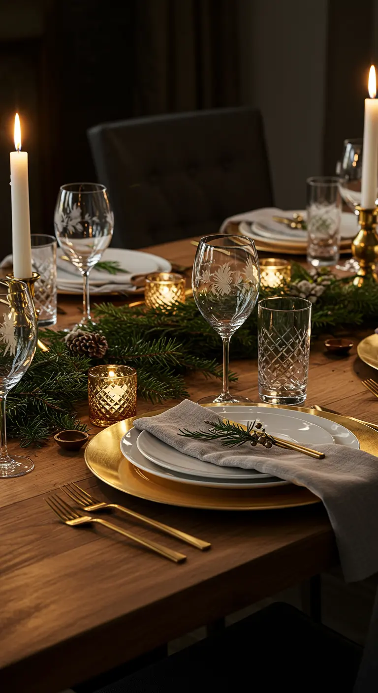 Table de Noël avec assiettes dorées, branches de sapin et verres gravés.