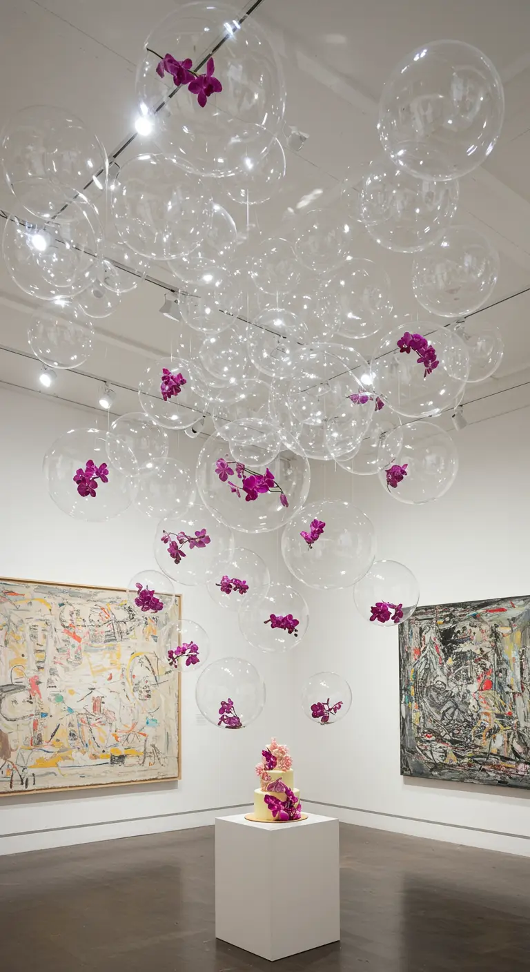 Nuage de ballons transparents avec des orchidées magenta flottant au-dessus d'un gâteau.