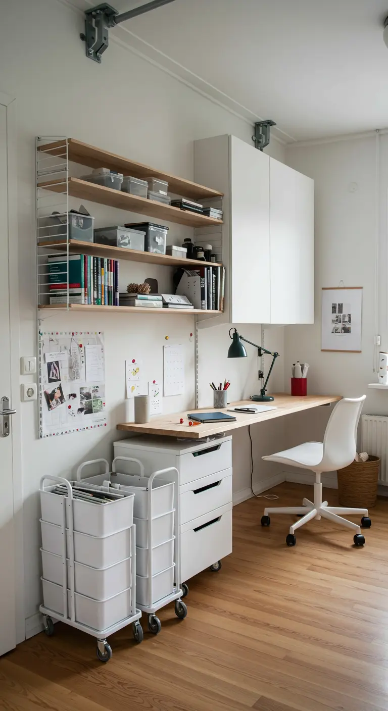 Bureau compact avec un système d'étagères String et des chariots de rangement blancs.
