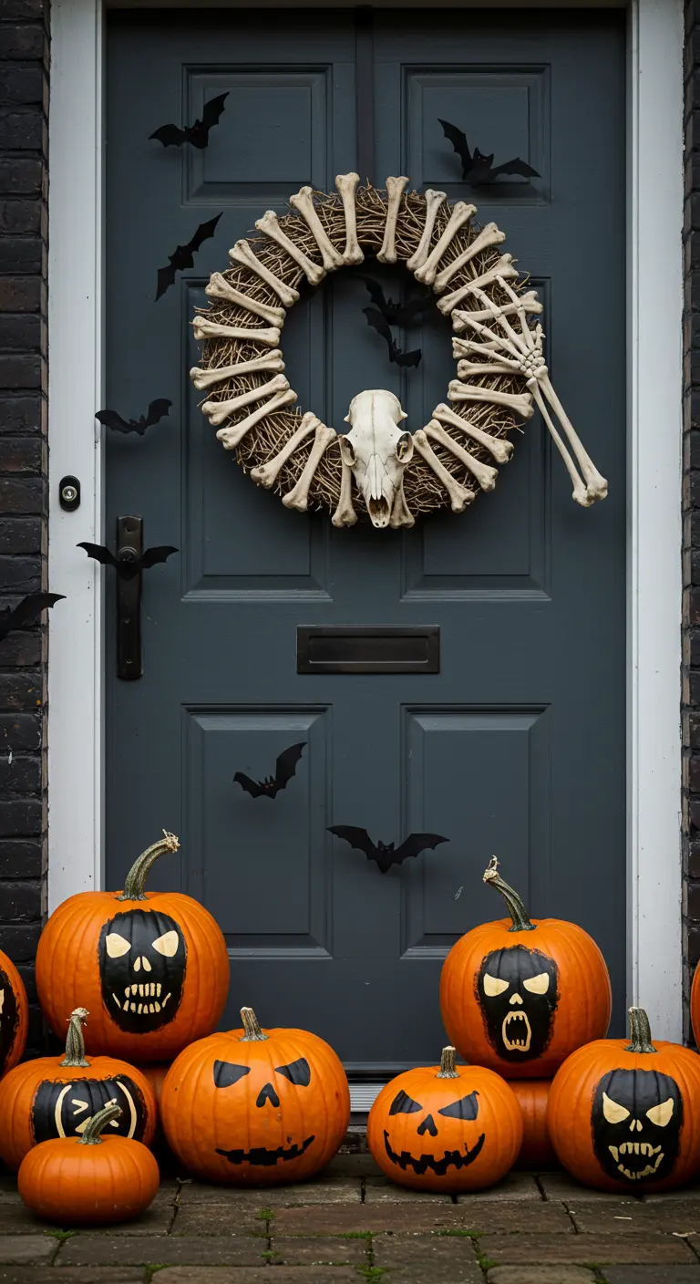 Porte grise avec une couronne faite d'os et de crâne, et des citrouilles peintes.