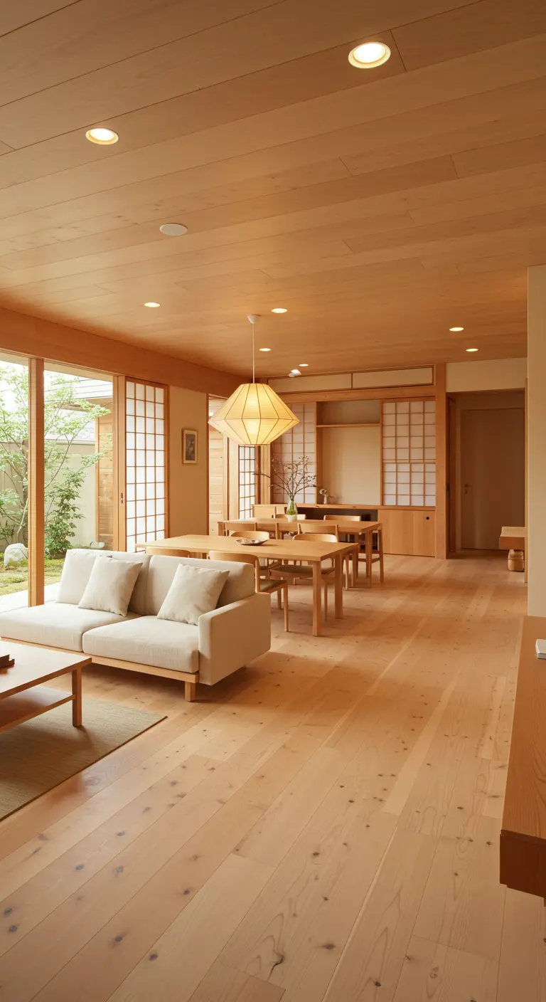 Grand espace ouvert Japandi avec salon et salle à manger, tout en bois clair et écrans Shoji.