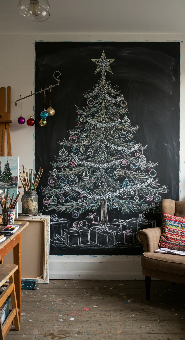Grand sapin de Noël détaillé dessiné à la craie sur un immense tableau noir.