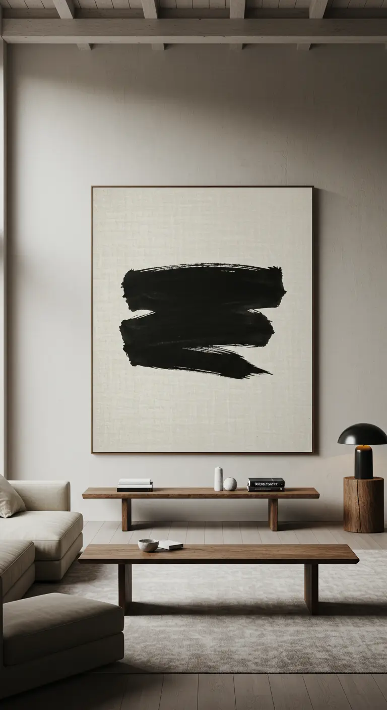 Très grande toile blanche avec trois larges coups de pinceau noirs horizontaux.