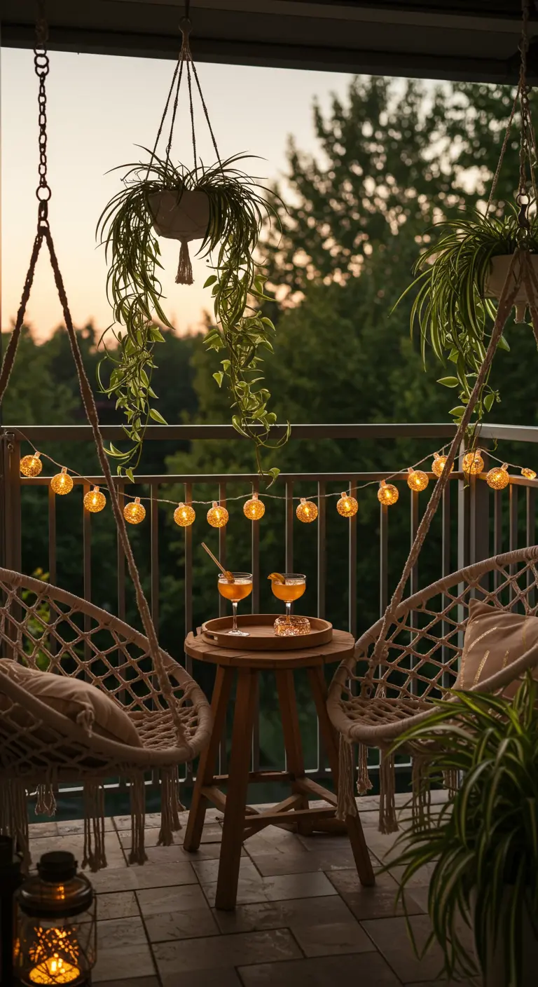Balcon avec deux fauteuils suspendus en macramé et des plantes retombantes au coucher du soleil.