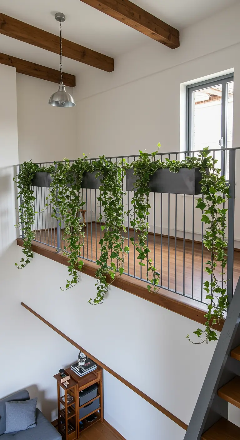 Des plantes retombantes dégringolent de jardinières fixées à une rambarde de mezzanine.