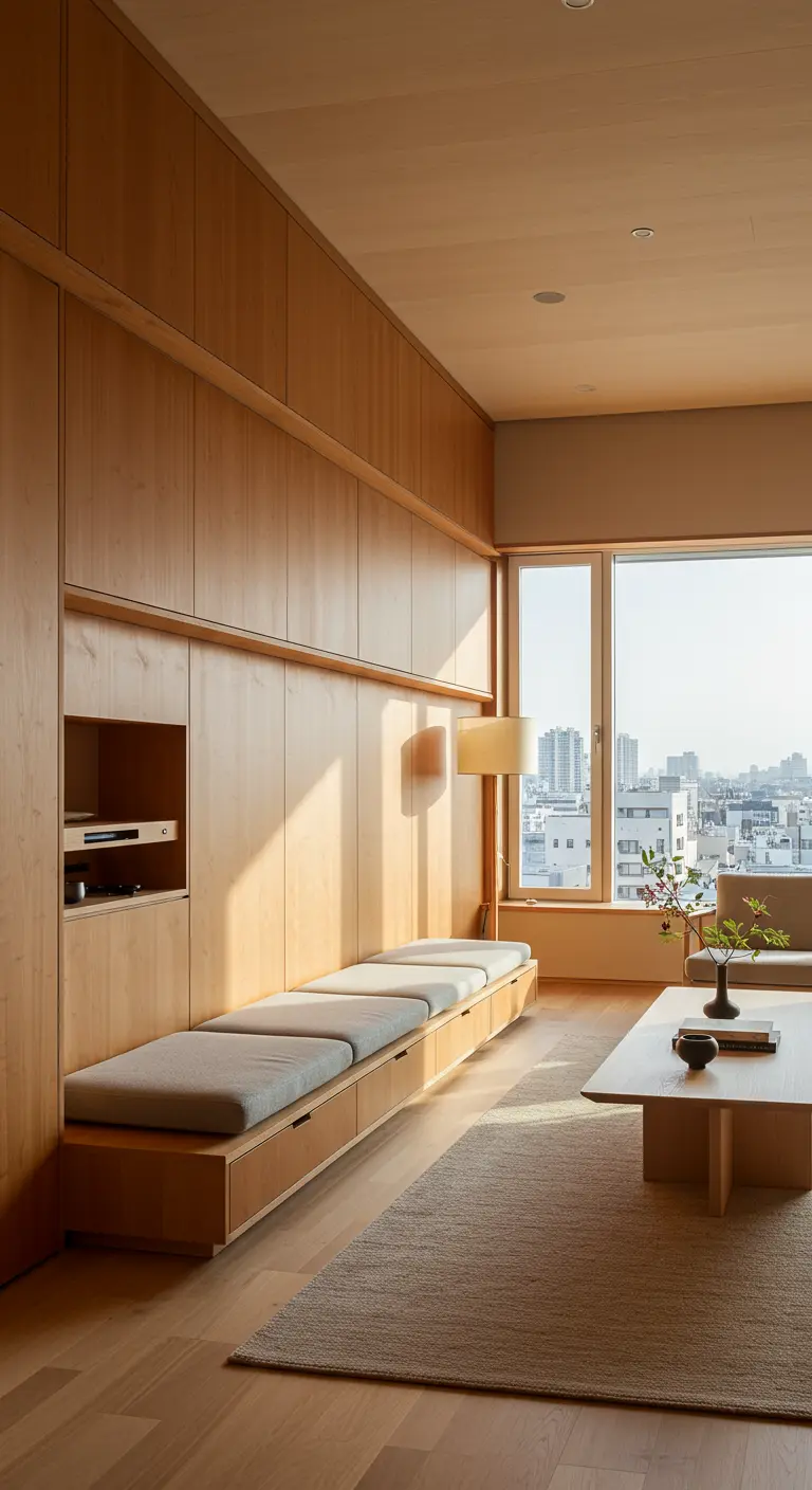 Salon Japandi avec longue banquette sous fenêtre, rangements muraux en bois clair et vue ville.