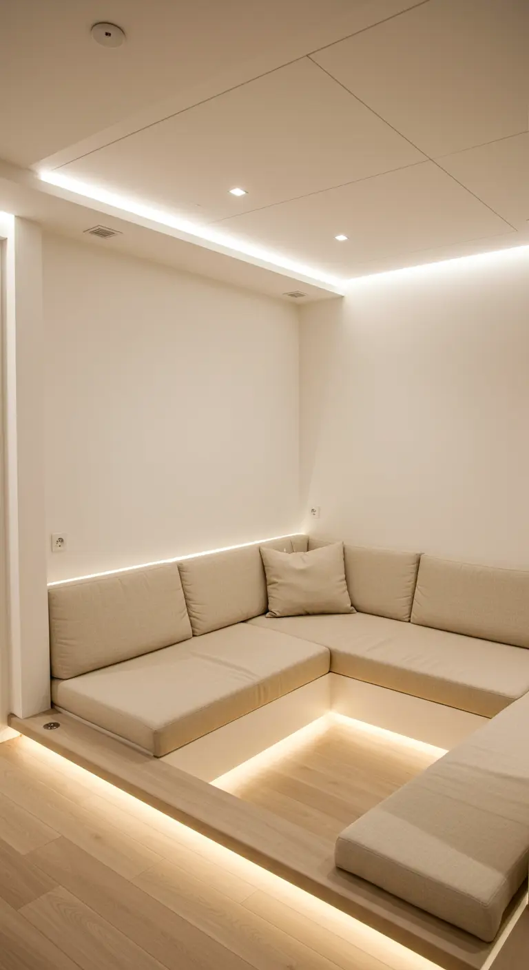 Coin salon en U avec banquette intégrée et éclairage LED dissimulé sous l'assise.