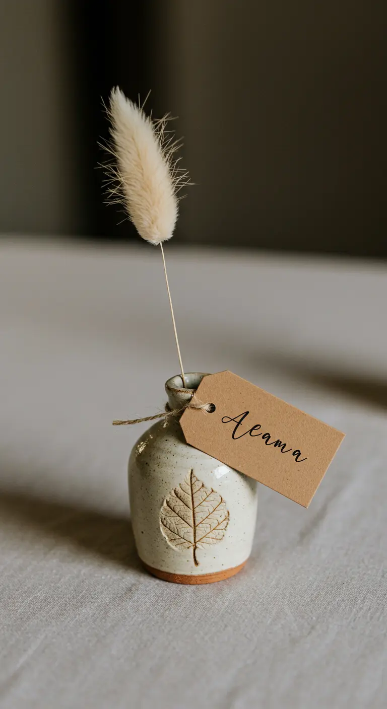 Petit pot en céramique artisanale avec une herbe de la pampa.