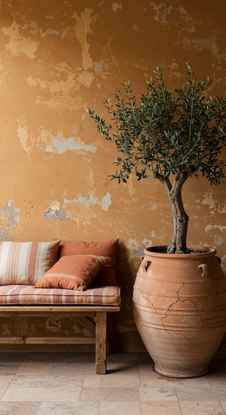 Banc en bois et olivier devant un mur ocre à la peinture écaillée.