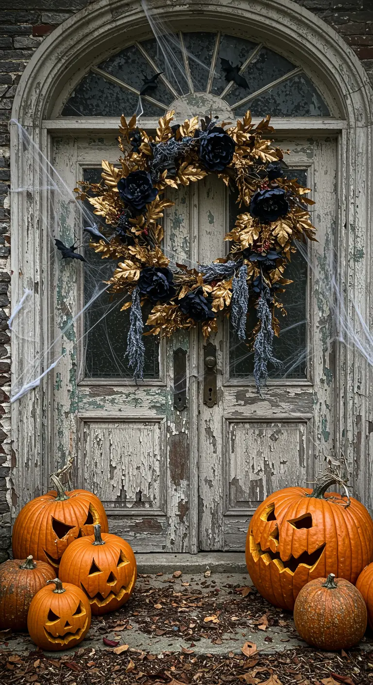 Porte ancienne avec une couronne de feuilles dorées et de fleurs noires.