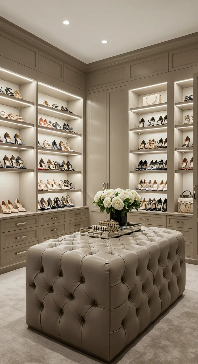 Grand dressing avec murs d'étagères à chaussures éclairées et un large ottoman capitonné au centre.