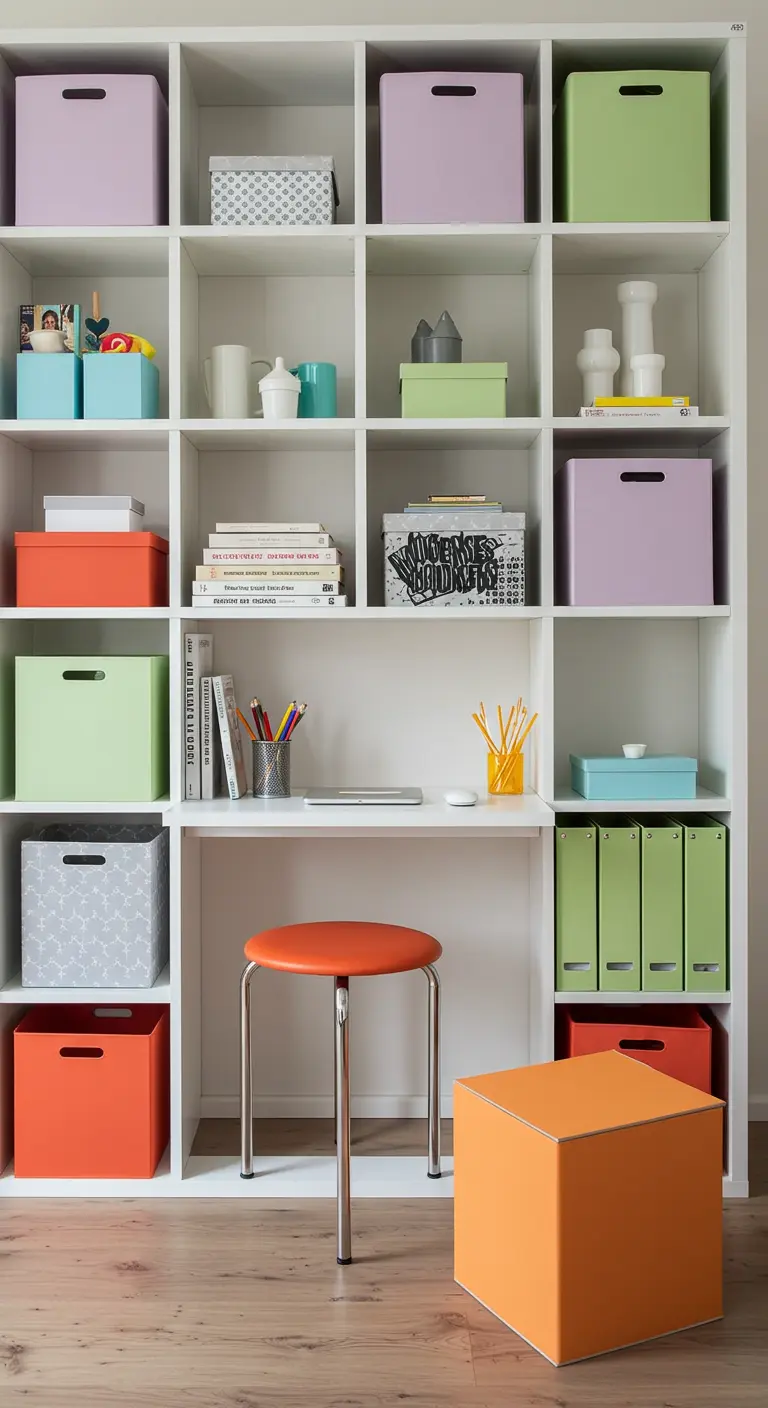 Bureau intégré dans une grande étagère blanche avec des boîtes de rangement colorées.