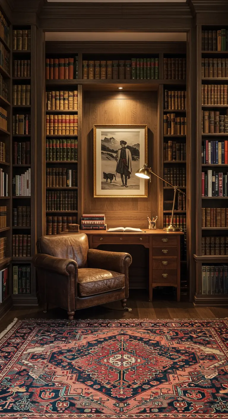 Bureau classique dans une bibliothèque avec fauteuil en cuir et grand tapis persan.