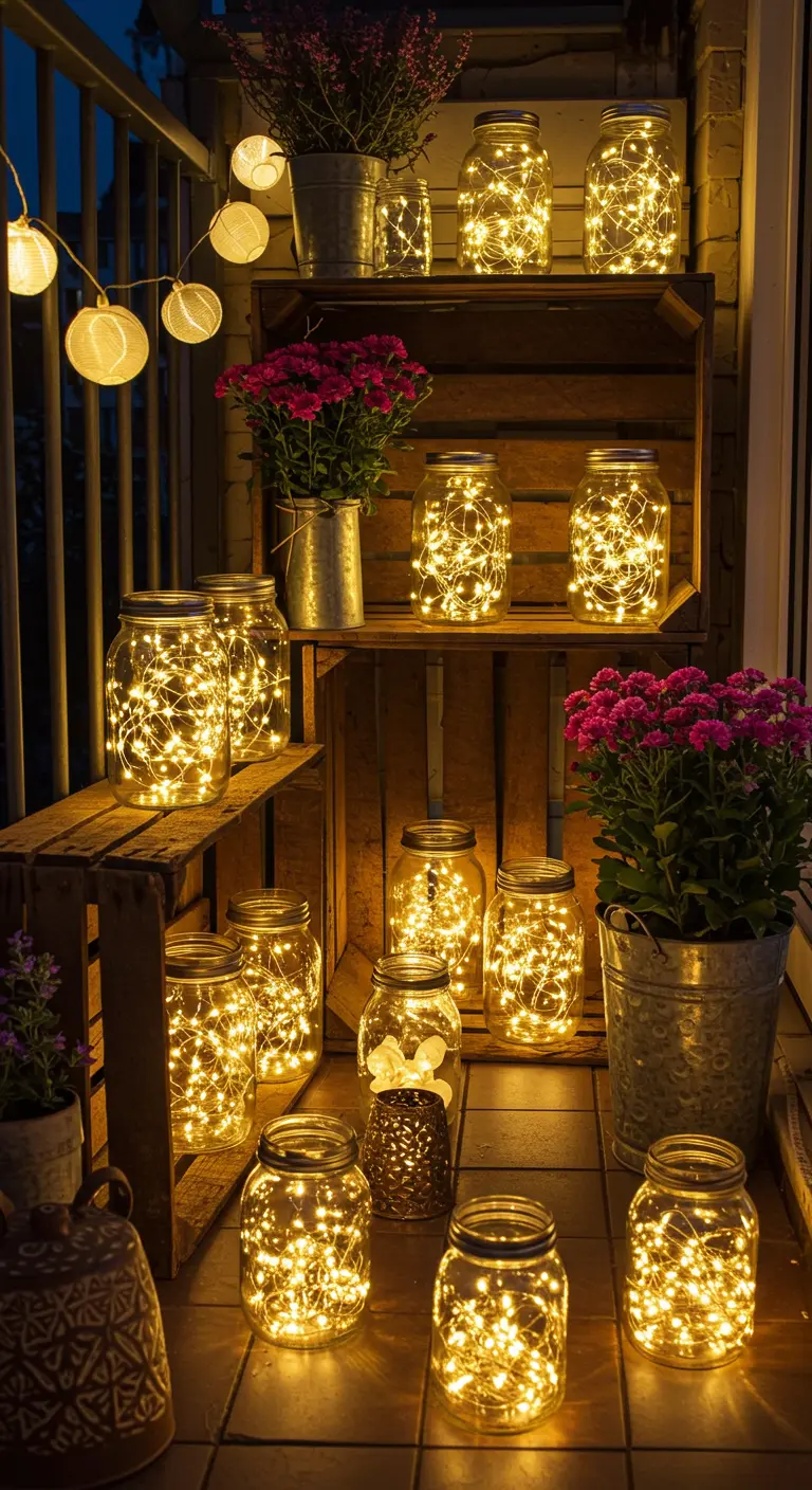 Des caisses en bois superposées servant d'étagères, remplies de bocaux lumineux et de fleurs.