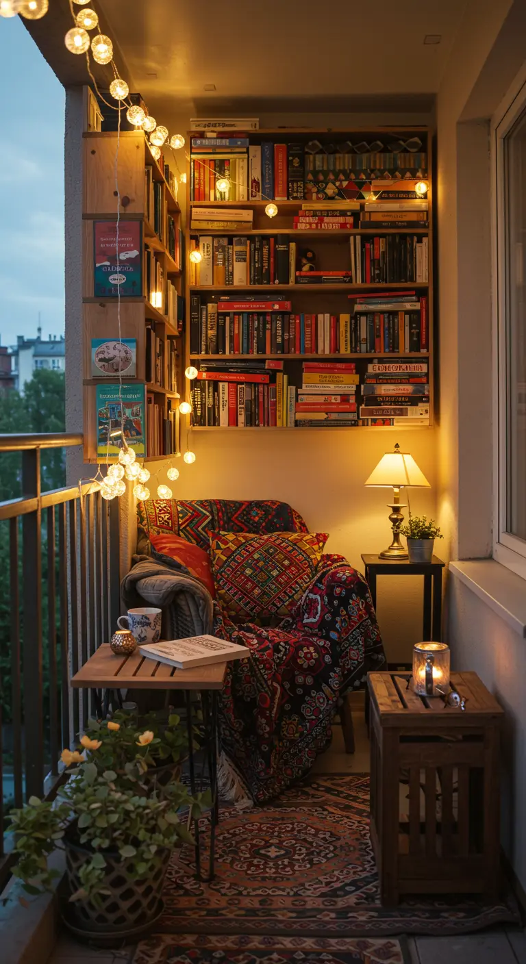 Balcon bibliothèque avec étagères de livres, fauteuil, table d'appoint et guirlandes lumineuses.