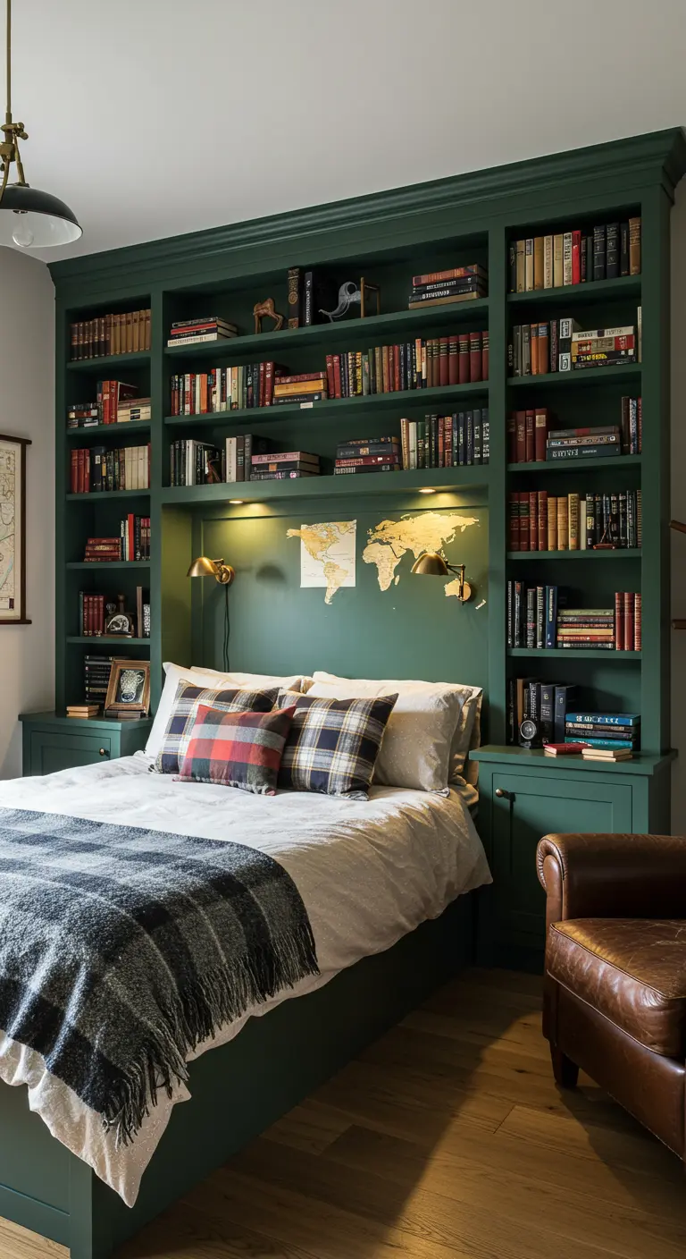 Une bibliothèque verte sur mesure encastrée autour du lit, servant de tête de lit et de rangement.