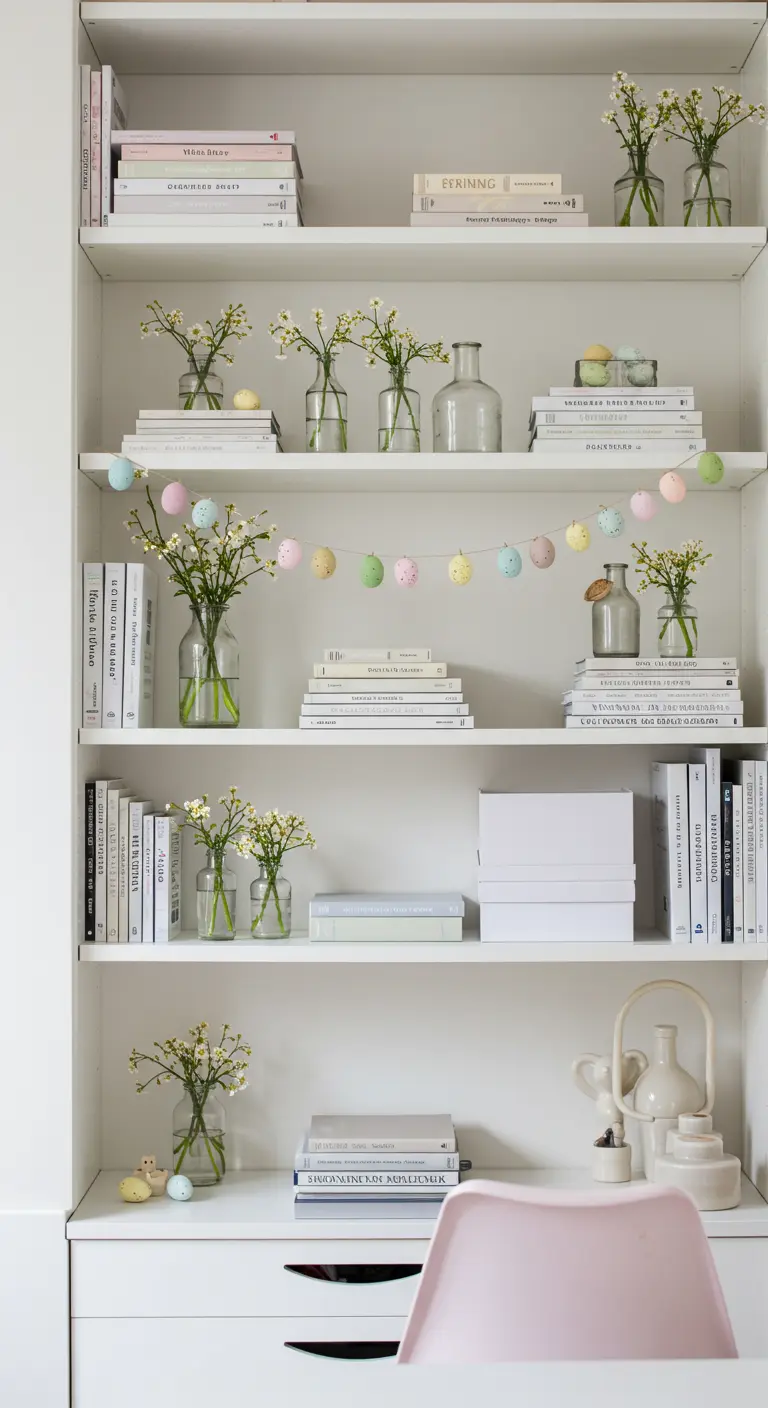 Bibliothèque blanche décorée de petits vases de fleurs et d'une guirlande d'œufs pastel.