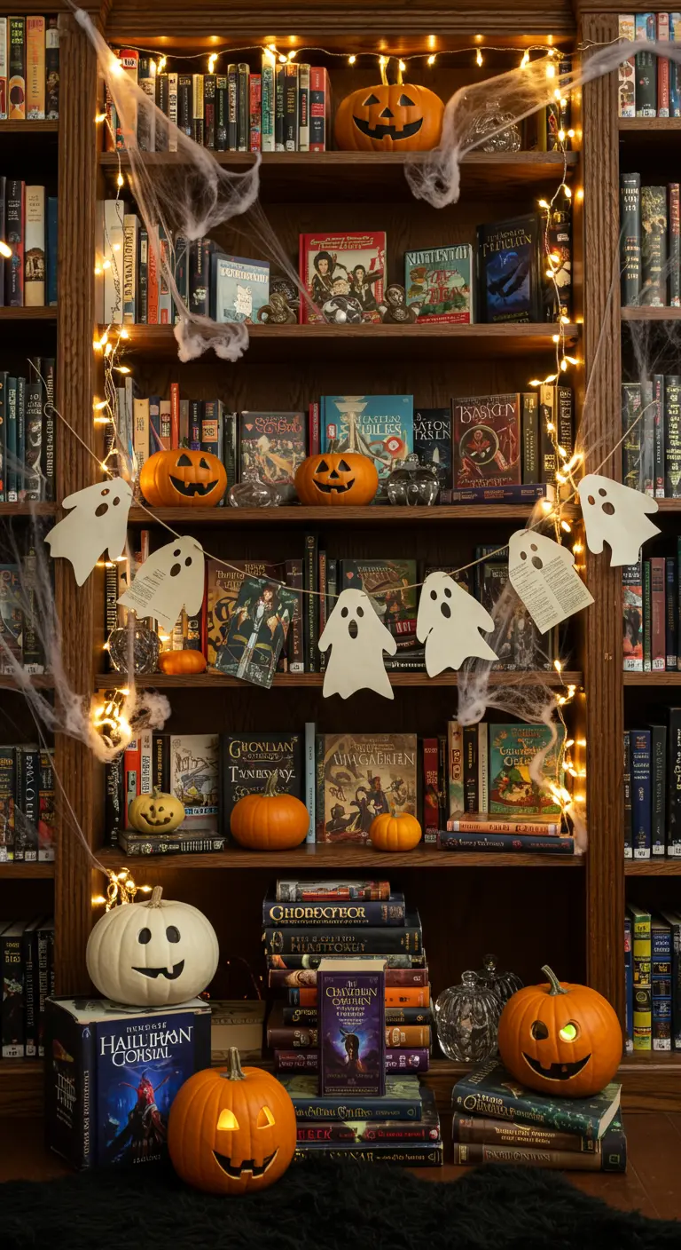 Bibliothèque décorée pour Halloween avec des guirlandes et des citrouilles.