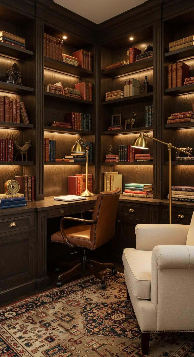 Bureau bibliothèque sombre et élégant avec étagères intégrées éclairées par des LED et fauteuil en cuir.