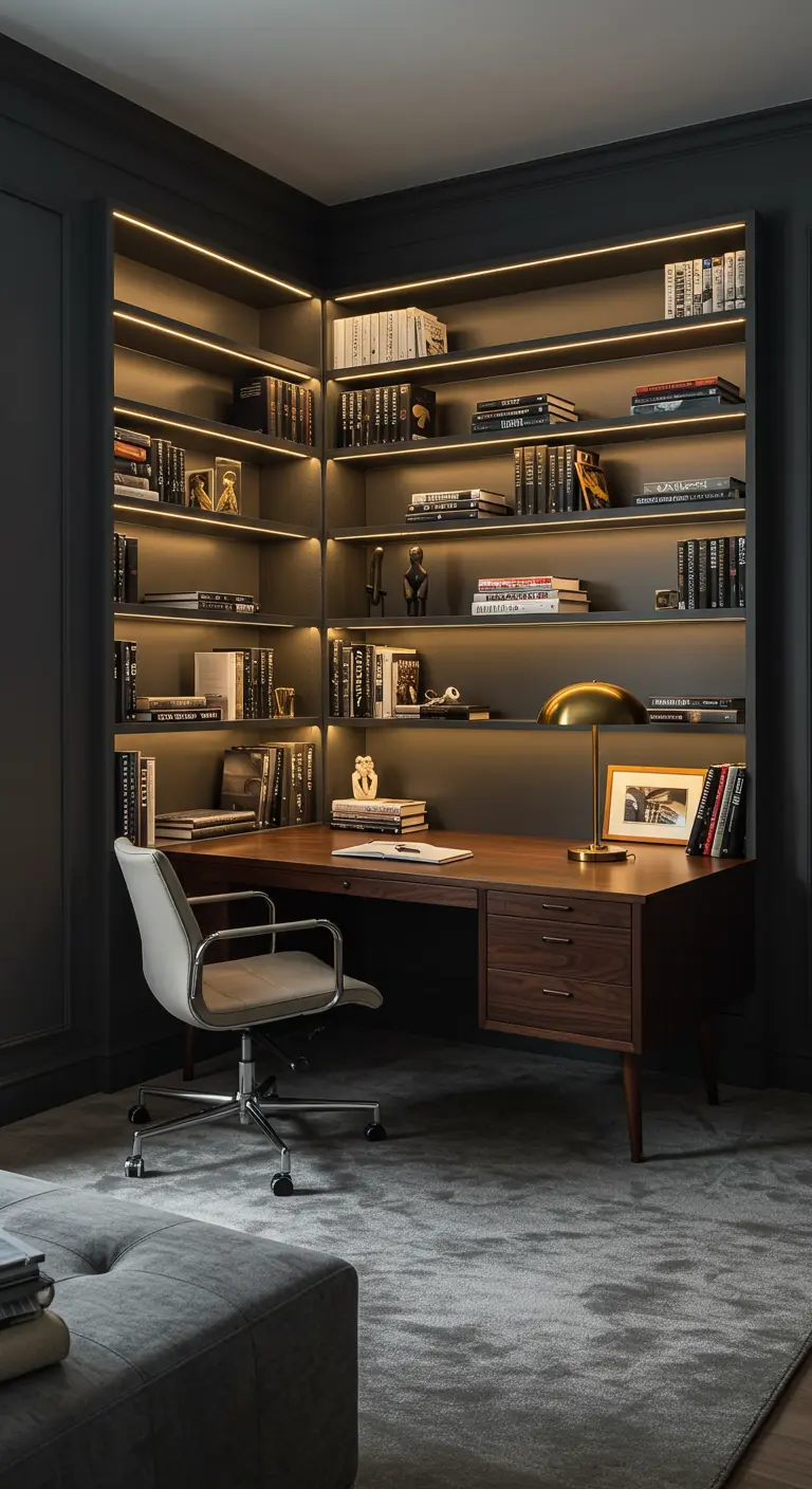 Bureau intégré dans une bibliothèque avec éclairage LED sous les étagères.