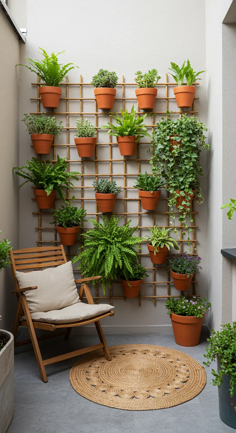 Mur végétal DIY avec des pots en terre cuite sur un treillis en bambou.