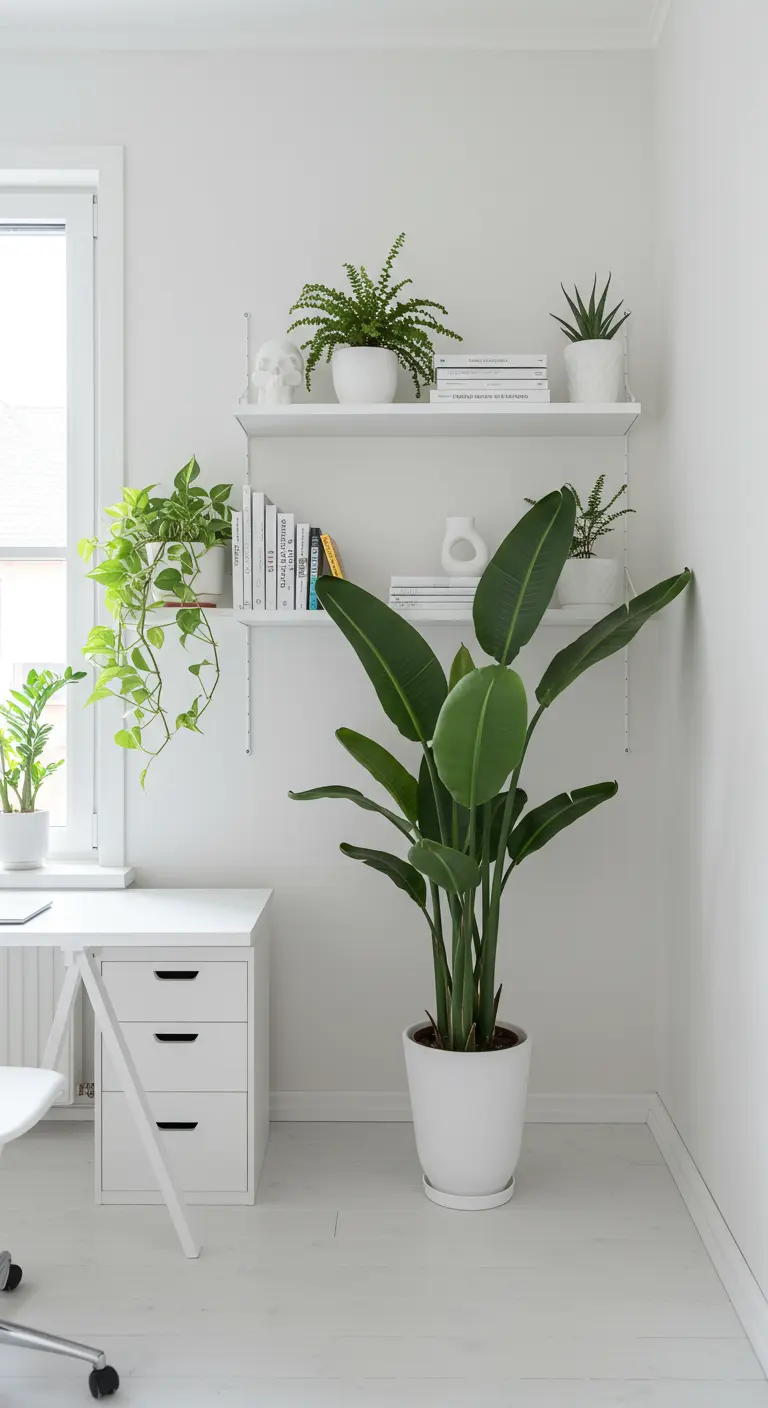 Bureau blanc avec des étagères murales blanches remplies de livres et de plantes vertes.