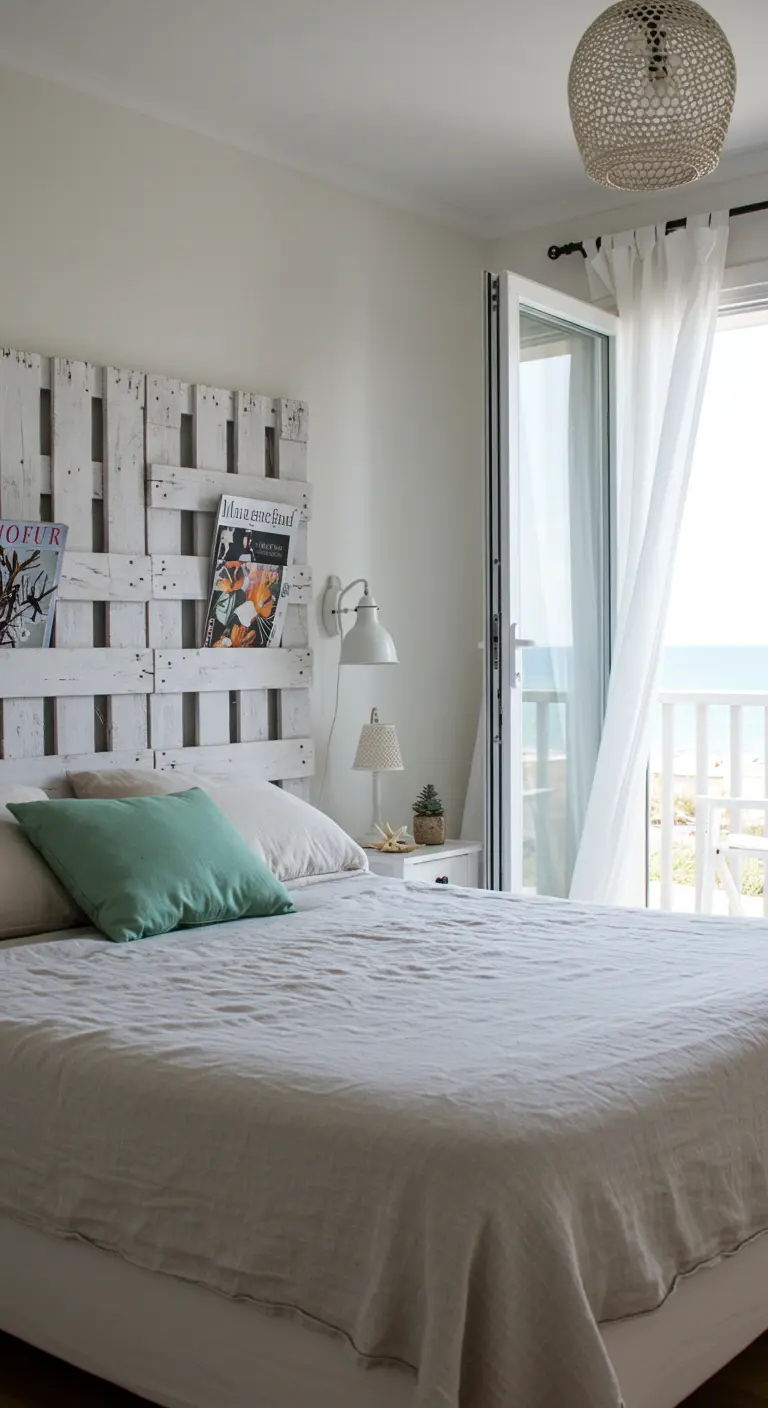 Tête de lit DIY faite de planches de palettes peintes en blanc, avec des magazines glissés entre les lattes.