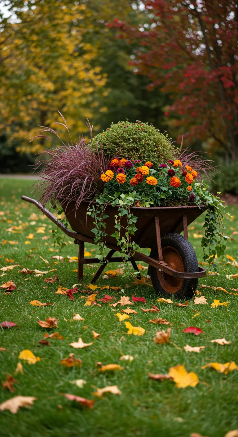 Une vieille brouette rouillée remplie de fleurs et de plantes d'automne.