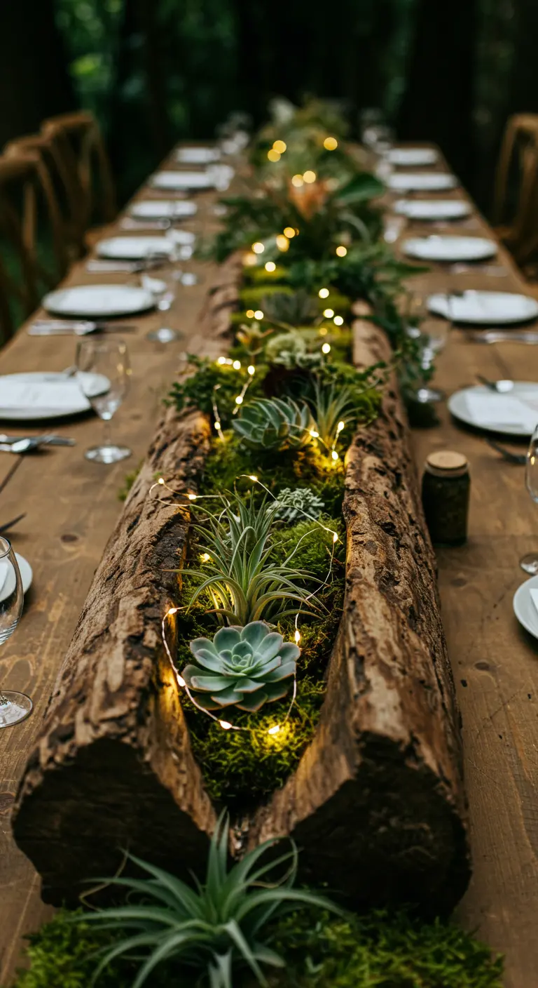 Bûche creusée servant de jardinière pour succulentes, illuminée par une guirlande LED.
