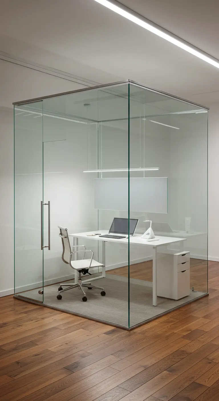 Bureau blanc installé à l'intérieur d'une cabine de bureau cubique en verre.