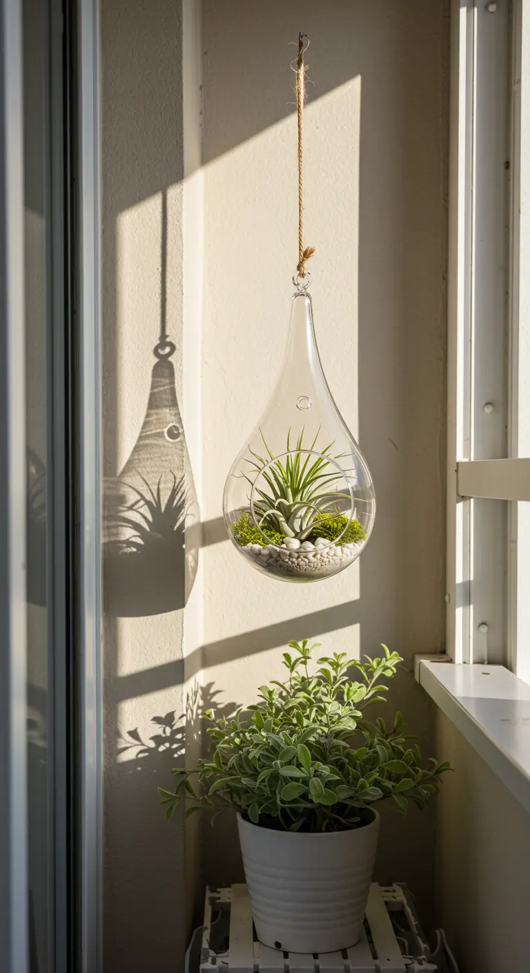 Plante aérienne dans un terrarium en verre en forme de goutte, suspendu près d'une fenêtre.