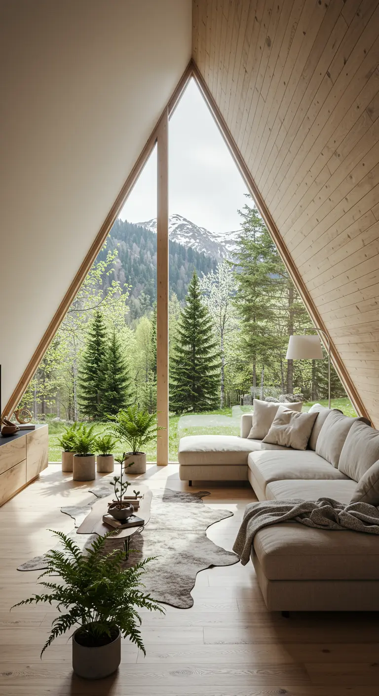 Salon dans un chalet en A avec une immense fenêtre triangulaire donnant sur la forêt.