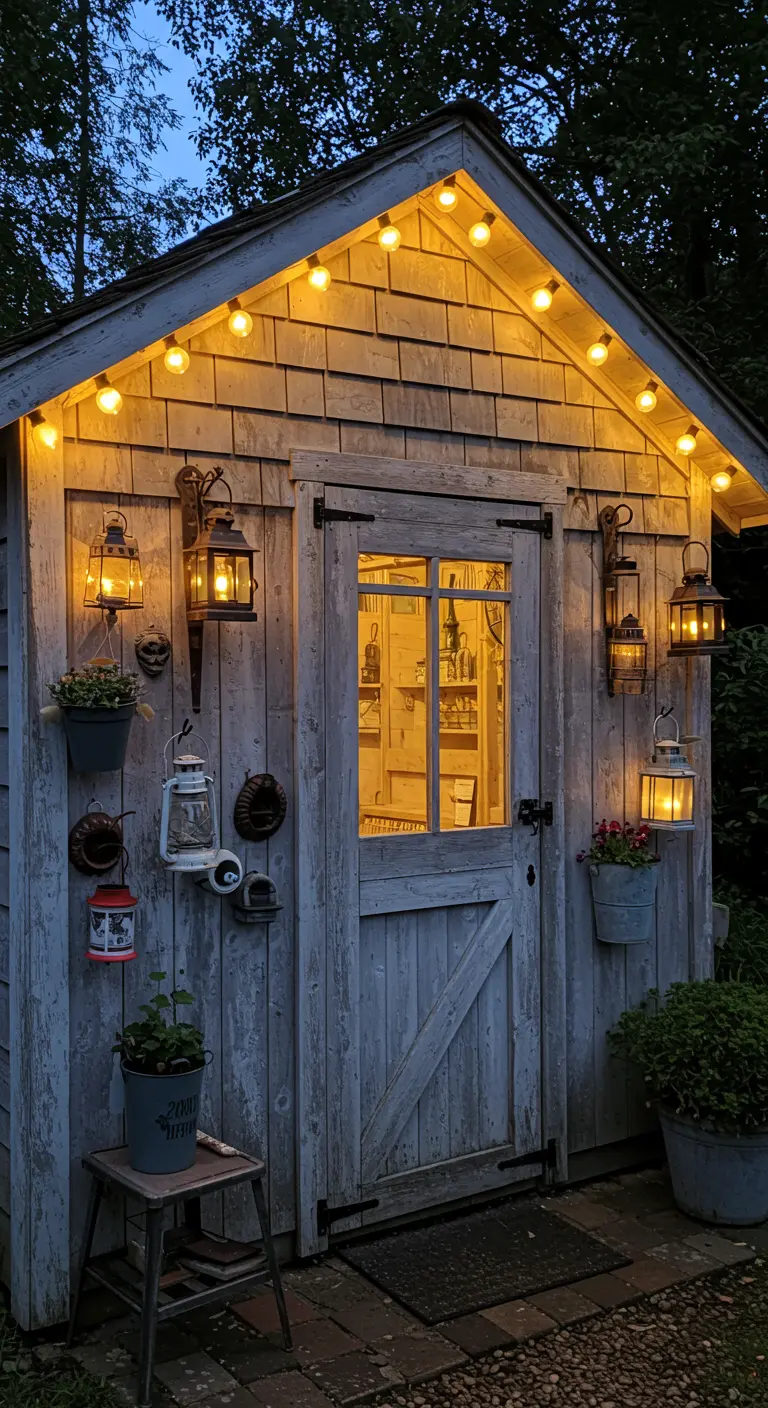 Un abri de jardin en bois rustique décoré de diverses lanternes et d'une guirlande sur le toit.