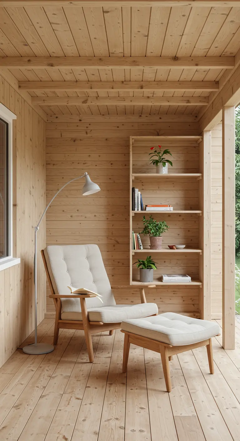 Coin lecture sous une pergola entièrement lambrissée de bois clair, avec un fauteuil et une lampe.